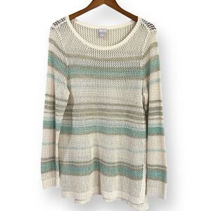 Chicos Sweater Womens Size 2 L Open Knit Tunic Ivory Aqua Striped Beach Coastal